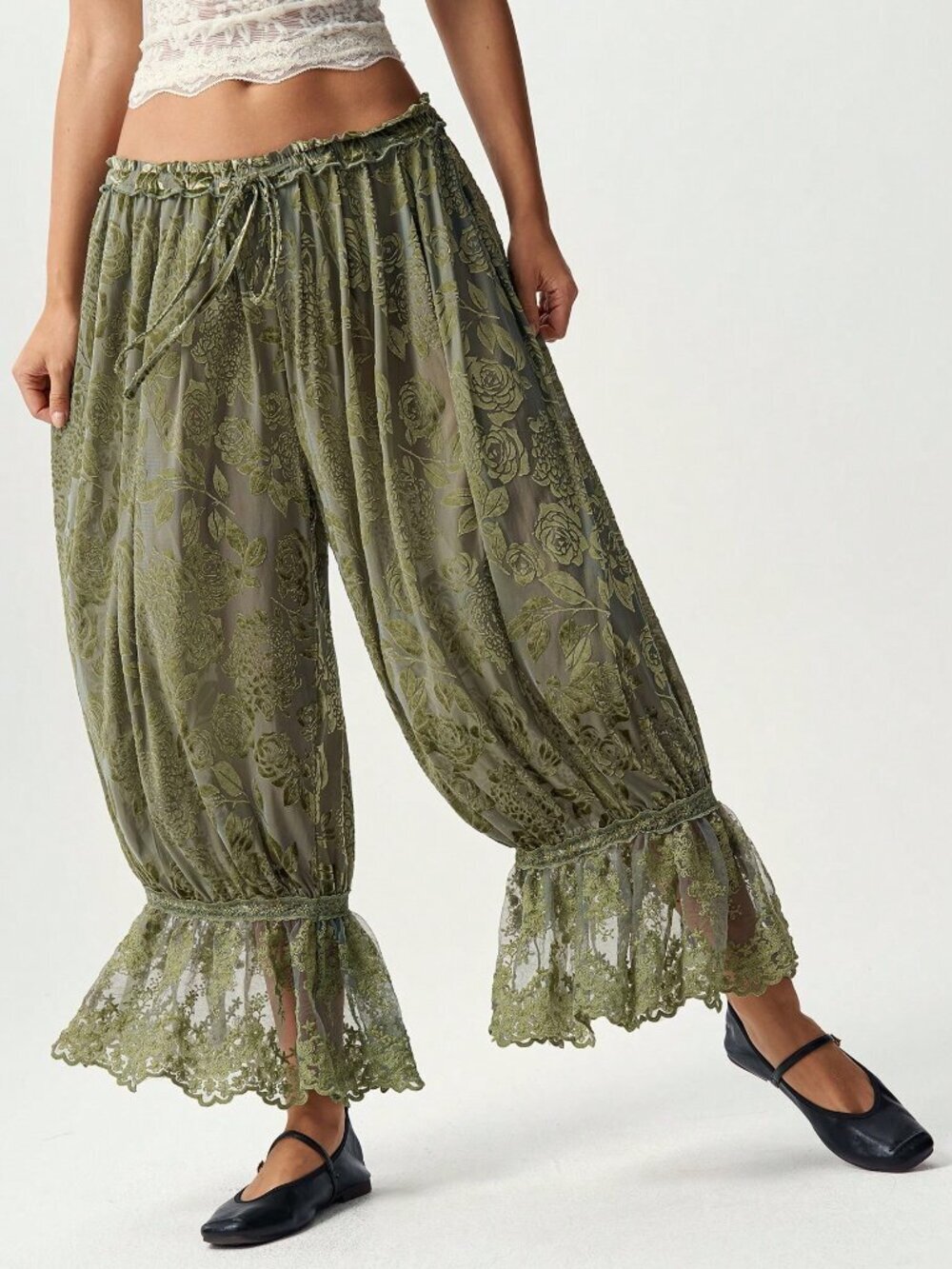 Green Casual Women's Boho Drawstring Waist Floral Lace Patchwork Long Pants